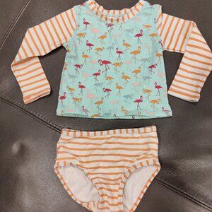 Ruffle Butts flamingo/stripe rashguard and bottoms 2T